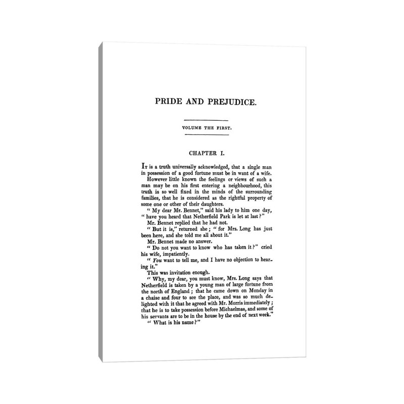 Pride And Prejudice Book Page by Jane Austen - Wrapped Canvas Print, 20.32 cm H x 30.48 cm W