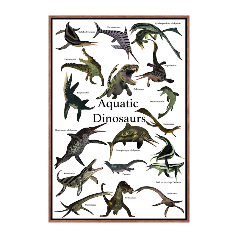 «Aquatic Dinosaurs» par Corey Ford - impression d'art graphique, H 40 po x l 26 po x P 1,5 po, Toile avec cadre brun