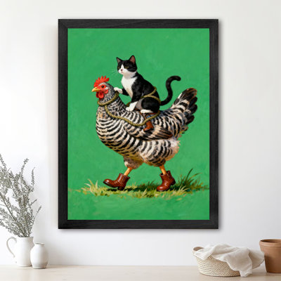 Art encadré noir rétro Le chat contrôle le coq à travers une corde, impressions sur toile de style rétro