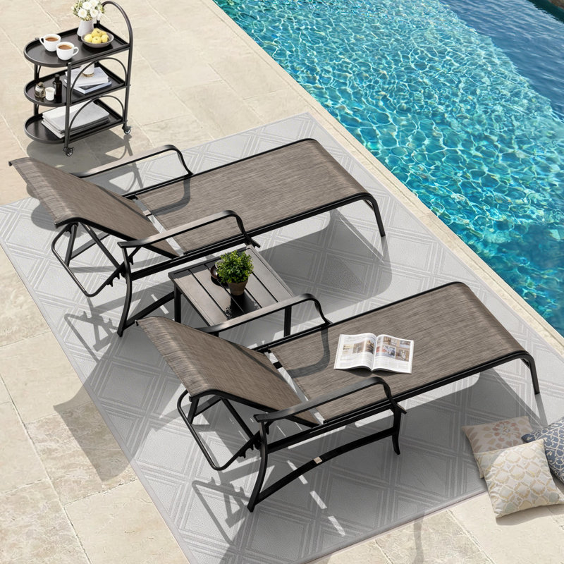 3-piece Patio Chaise Lounge Set, Textilene Patio Chaise Lounges, Side Table