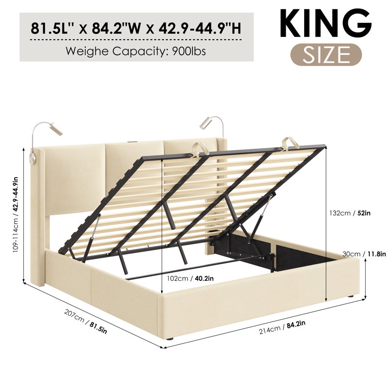 Reman Lift Up Storage Bed with Reading Lights, Linen
