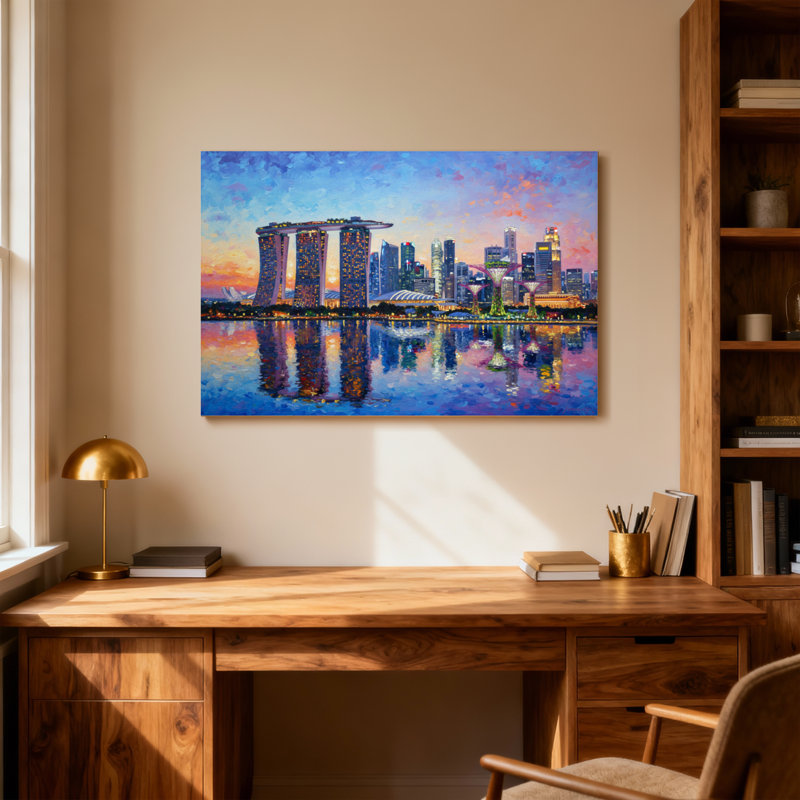 Paysage et nature, art de reflet du coucher du soleil à singapour, H 32 po x l 48 po