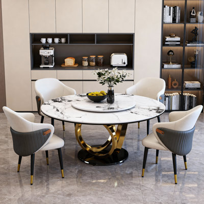 Ensemble de salle à manger 5 pièces, pierre frittée, 5 pièces, table et chaises, or + noir/blanc, table ronde en pierre frittée avec plateau tournant et 4 chaises