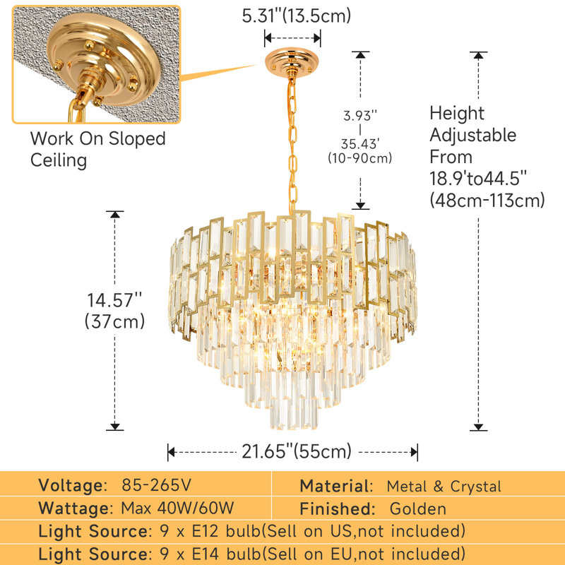 Lustre à niveaux variable 15 lumières Gonnie, H 14,5 po x l 21,6 po x P 21,6 po, Gold