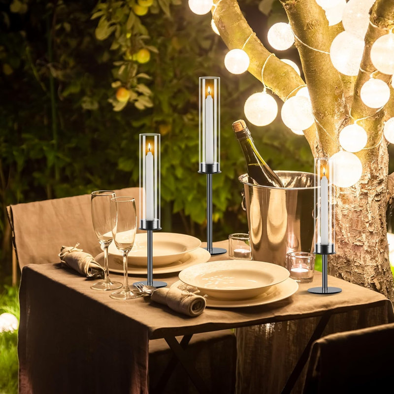 Hurricane Candlestick Holders Set Of 3 - Taper Candle Holders With Glass Chimney For Windproof Protection - Elegant Centerpiece For Weddings, Parties, And Home Decor