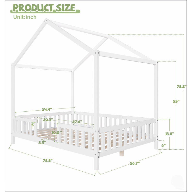 Lit Montessori au sol avec baldaquin, cadre de lit enfant en forme de maison avec hautes barrières, lit enfant en bois avec toit, taille standard