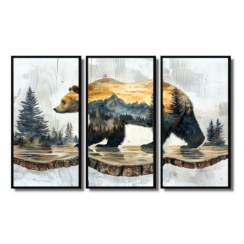 Double exposition ours dans le lac III - art mural ours - ensemble de 3, H 28 po x l 36 po, Noir