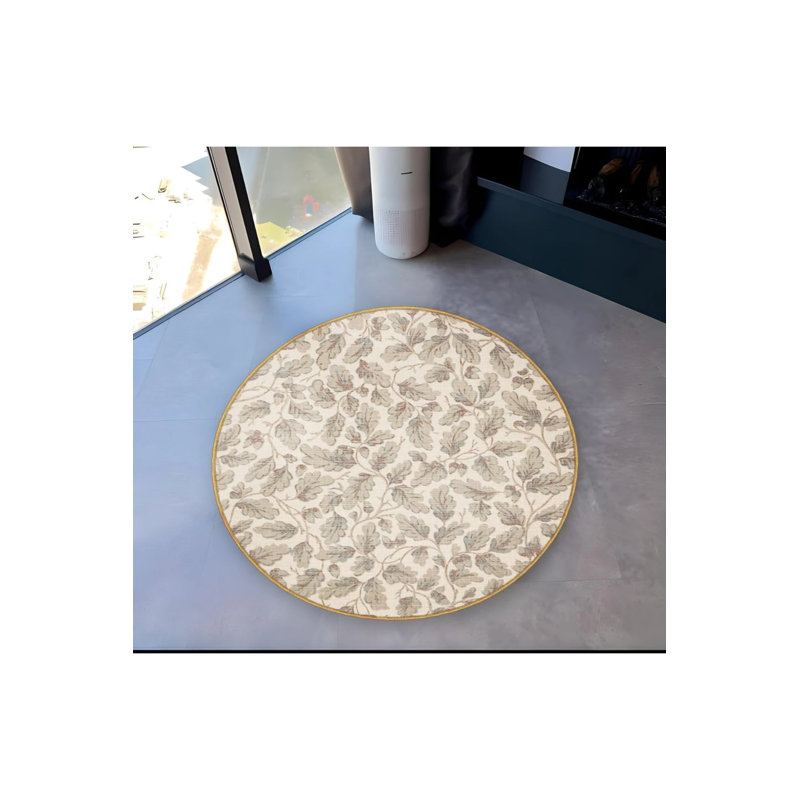 Beige Floral Patterned Round Woven Base Modern Decorative Carpet, Round 5'