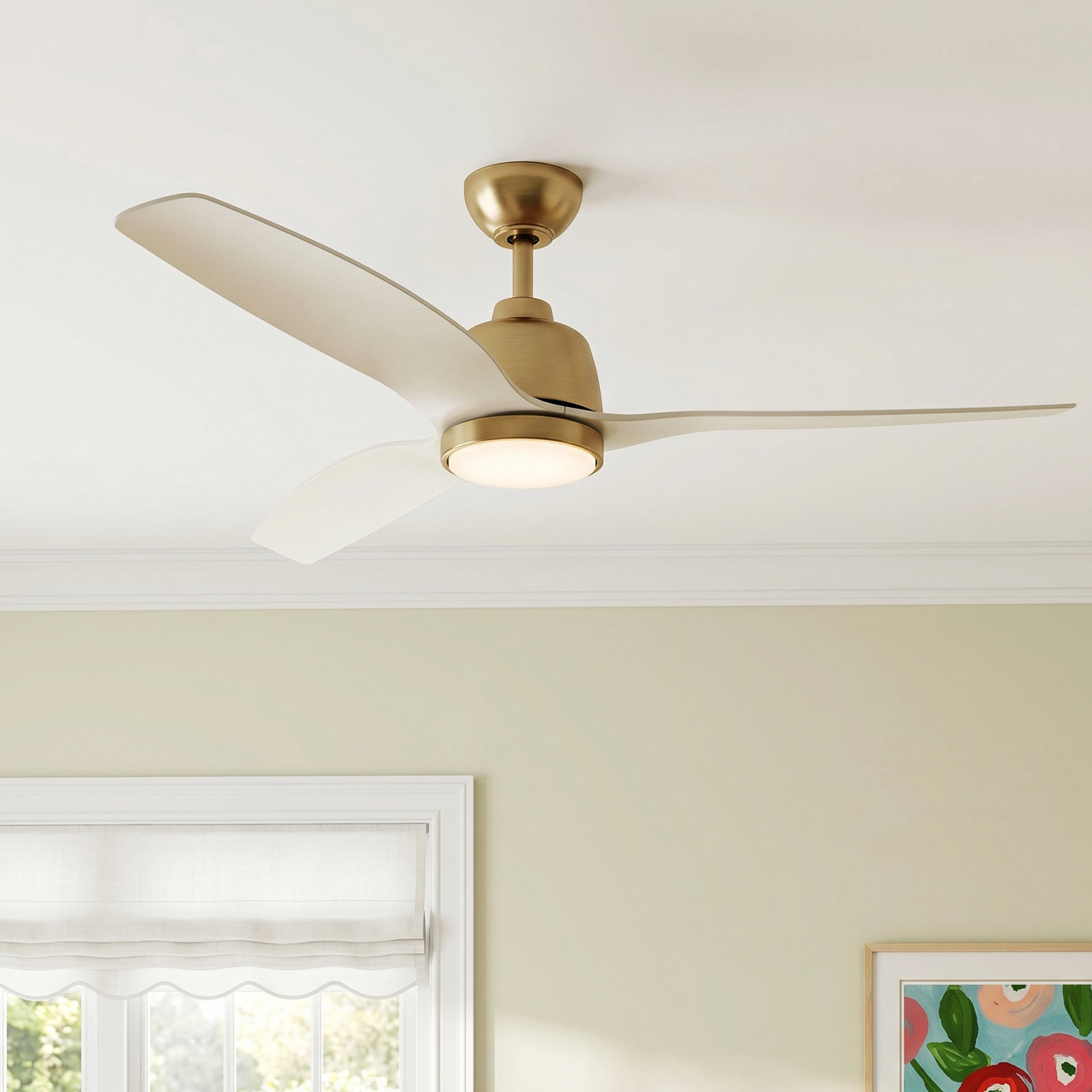 Carly 60'' Ceiling Fan with LED Light Kit, 15.40" H x 60" W x 60" D, White, Satin Brass