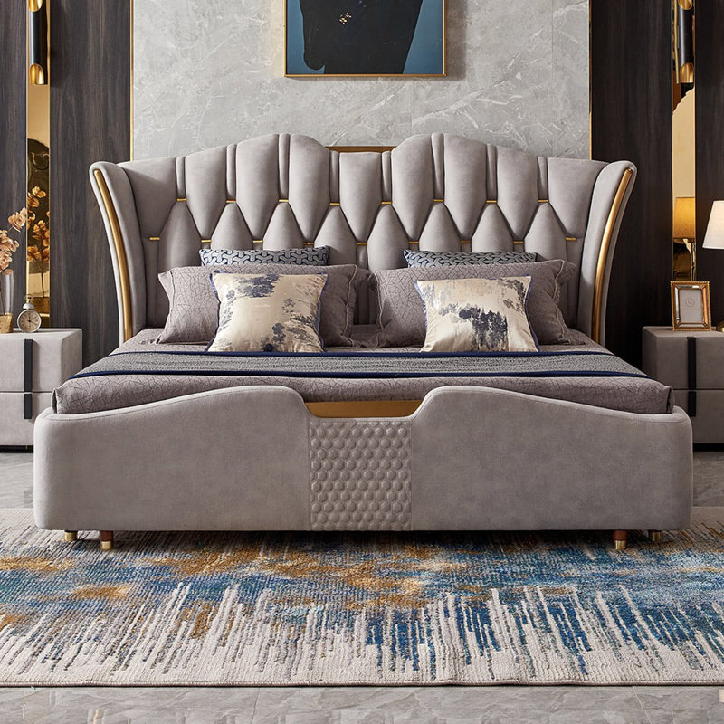 Upholstered Bed Frame With Tufted Wingback Headboard, Gray
