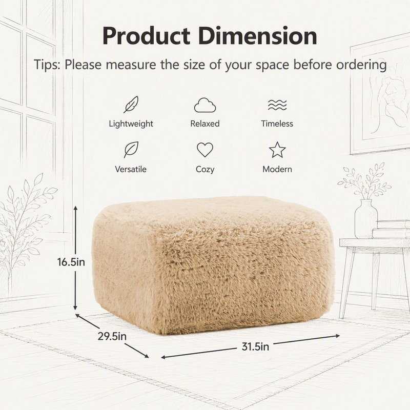 Canapé d'angle modulaire Aviana Ottoman en tissu peluche - Kaki clair, ultra-doux et sans assemblage requis, Beige