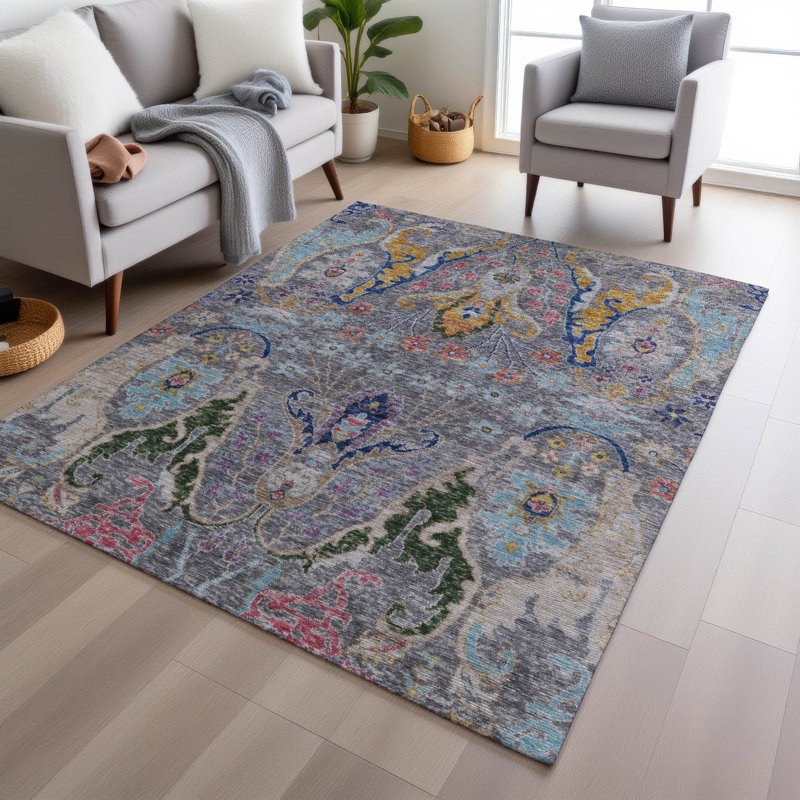 Tapis intérieur / extérieur gris lavable à la machine Xhevrie, Rectangle 9 pi x 12 pi