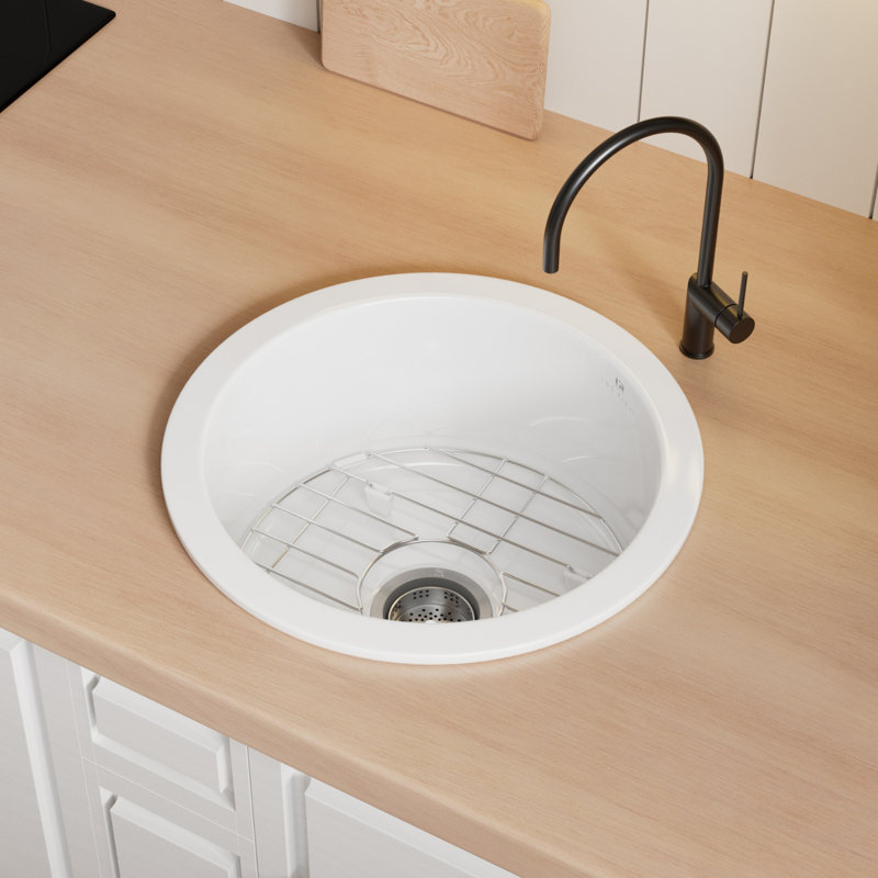 Los Flexi White Undermount Kitchen Sink, 18'' L x 18'' W x 9″ H, Standard Kit, Round Single Bowl