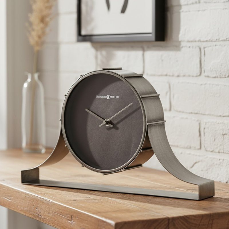 Seeley Modern & Industrial Mantel Clock, Bent Iron Tambour Frame with Blackened Steel Dial, Quartz Movement