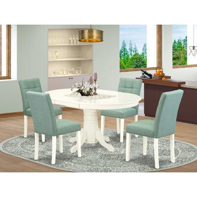 Ensemble de table de salle à manger 5 pièces comprenant une table et 4 chaises en tissu de polyester vert saule, blanc lin