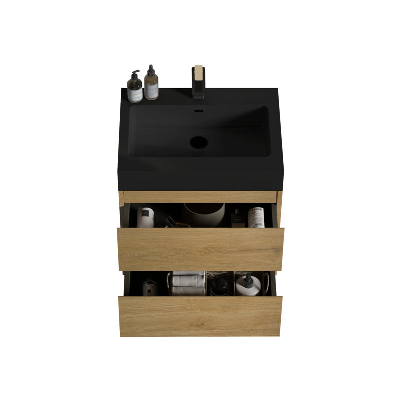Meuble-lavabo contemporain de salle de bain - meuble-lavabo en chêne naturel de 24 po, grand espace de rangement, meuble-lavabo à décoration silencieuse avec lavabo, espace de tiroir, style moderne