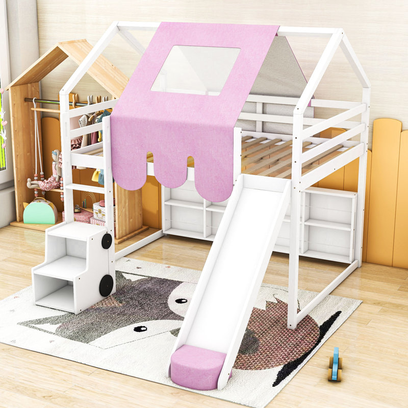Artia Playful Loft Bed With Slide, Staircase, Full, White/Pink