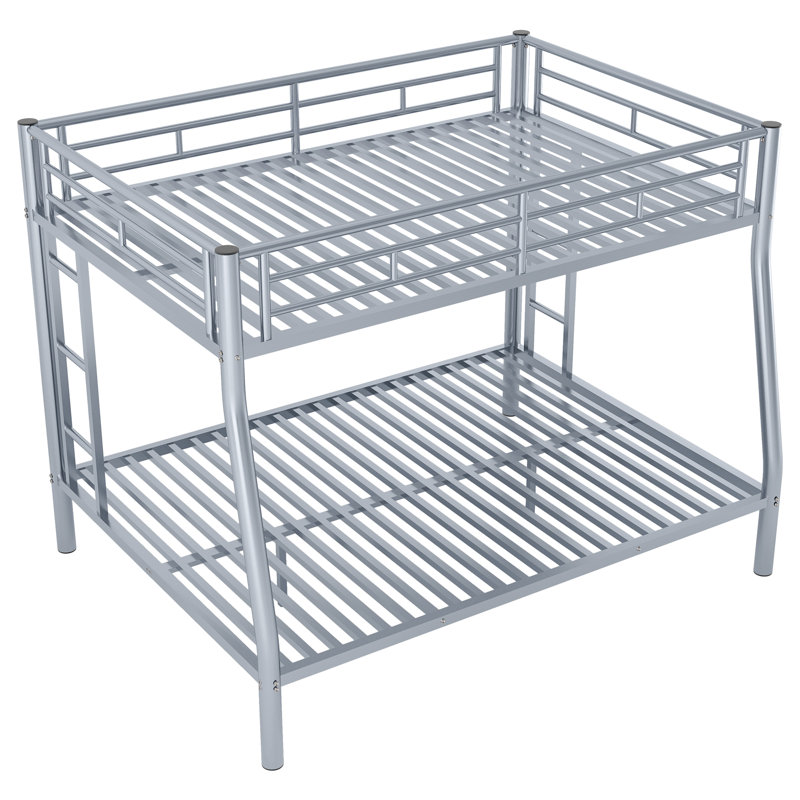 Queen Metal Bunk Bed with Ladder and Guardrails,, Silver, Full Over Queen