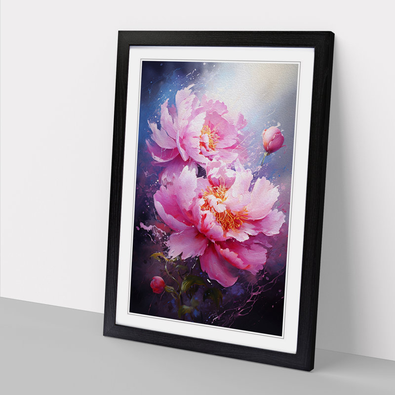 Peony Flower Action Painting - Single Picture Frame Print on Wood, Black Framed, 34cm H x 25cm W x 2cm D