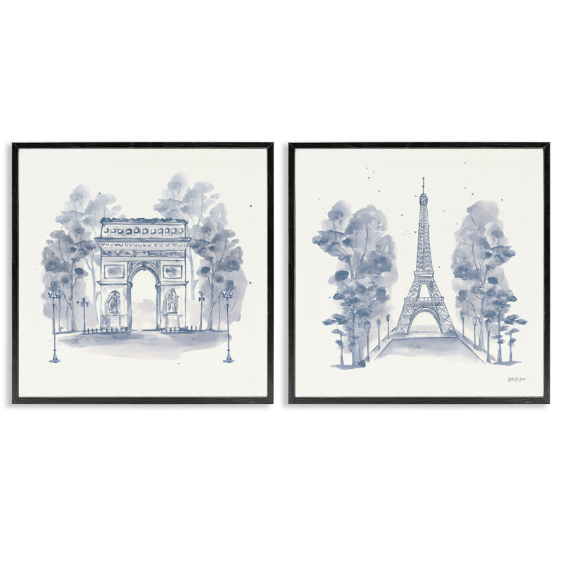  Ensemble de 2 estampes françaises sur fond bleu par yvette St. Amant, H 17 po x l 17 po, Giclée encadrée noir minuit