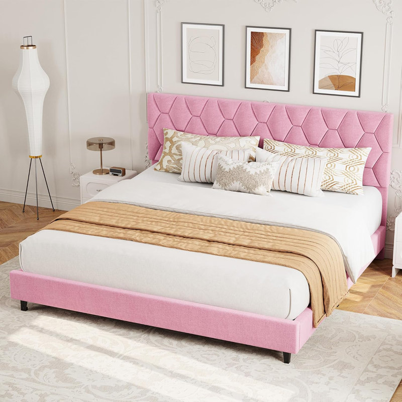 Pink King Bed Frame with Upholstered Headboard Heavy-Duty Platform Bed Frame with Strong Wood Slats No Box Spring Needed/Noise Free/Easy Assembly