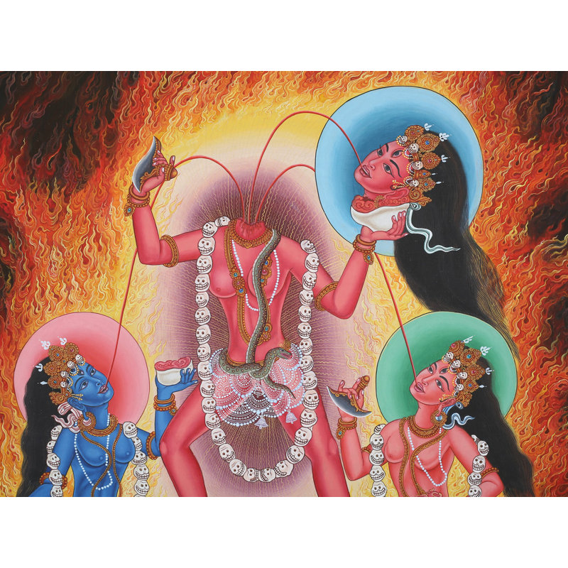 Grand Chhinnamasta Newari (Thangka sans brocart) | Aquarelle sur coton