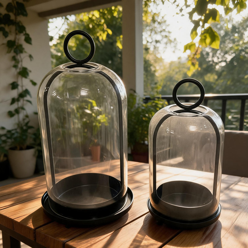 Ensemble de 2 porte-bougies cloche en verre à rebord noir, pots de présentation en dôme transparent avec poignée de table à anneau