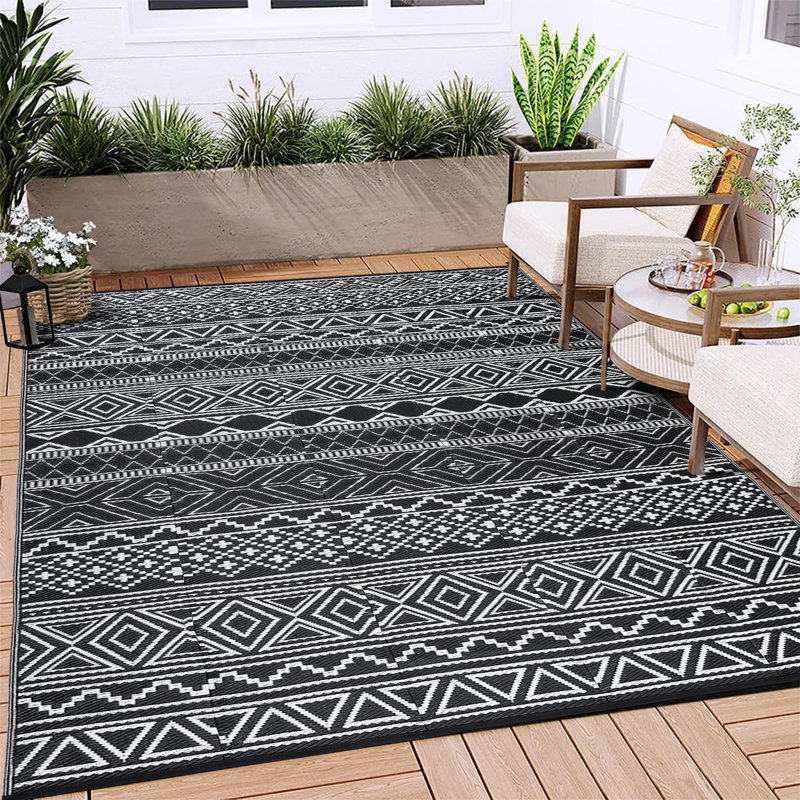 Outdoor Rugs 8x10 Waterproof for Patios Clearance, Plastic Straw Mats for Backyard, Porch, Deck, Balcony, Reversible, Black + White