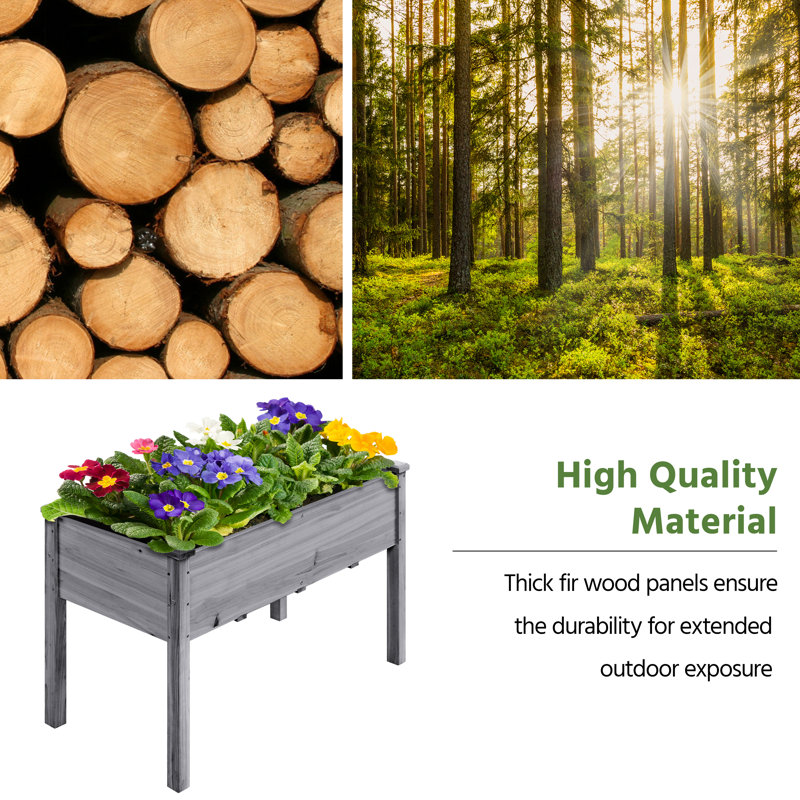 Solid Wood  Planter Raised Bed with Non-woven Liner, Grey