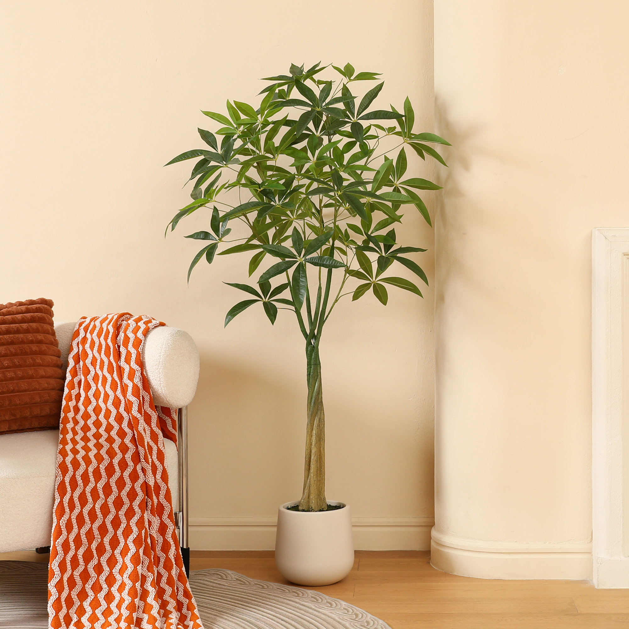 Anden Artificial Ficus Tree with Round White Planter, Pre Potted Faux Money Tree for Home Decor, 60" H x 20" W x 20" D