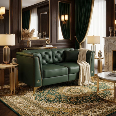 61.8" green faux leather tufted loveseat with metal legs and pillows