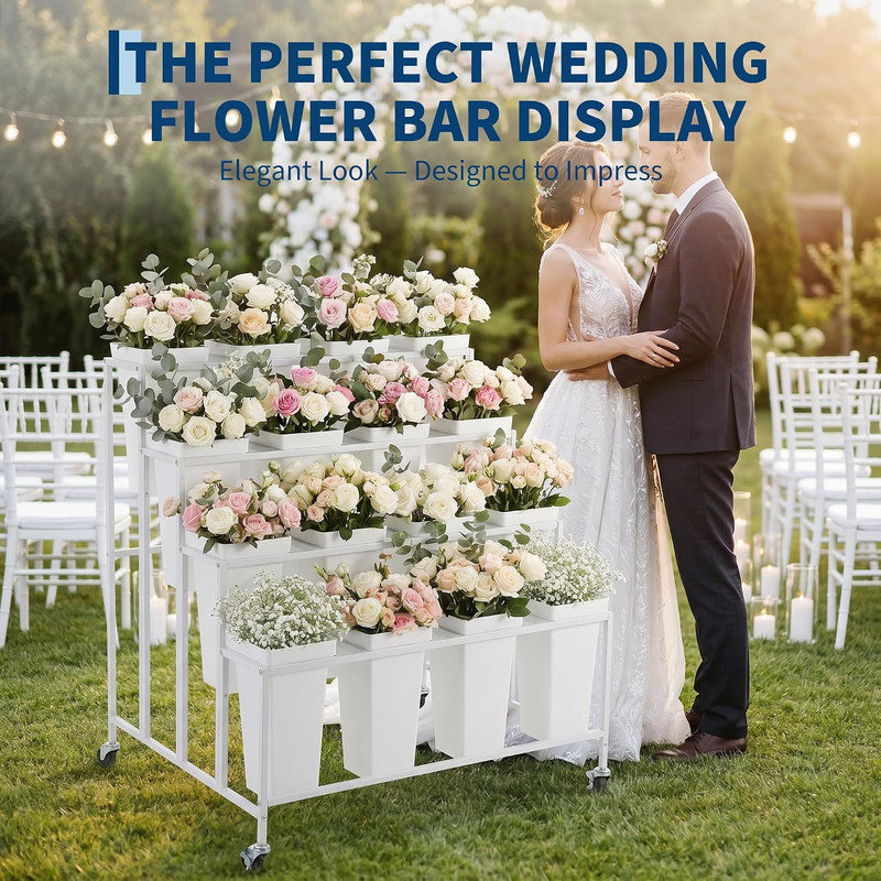 Présentoir à fleurs à 4 niveaux avec 16 seaux détachables et roues verrouillables, tablette mobile pour bouquet de fleurs pour les mariages