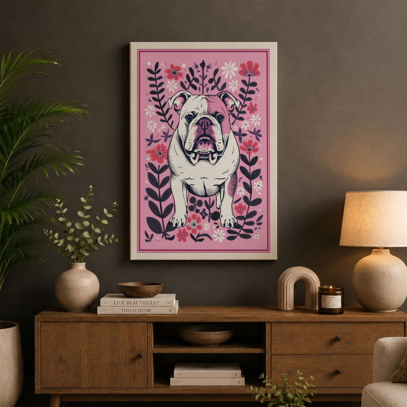 Bulldog in Bloom Eclectic - Wrapped Canvas, 30x20 - 76.2 x 50.8 cm, Taupe Border
