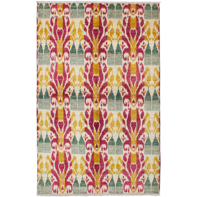 Tapis unique en laine noué à la main bourgogne / vert / jaune années 2010 6 pi x 9 pi 2 po Aneeqah
