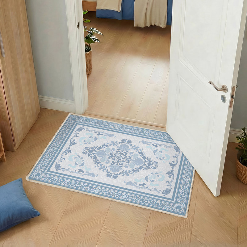 Faux Cashmere Floral Area Rug with TPE Non-Slip Backing, Soft Decorative Carpet for Living Room or Bedroom,Dusty Blue