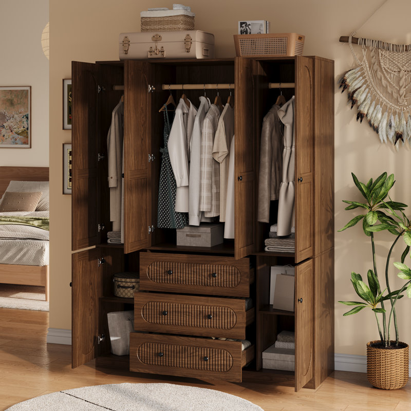 Armoire luxueuse 72 po à 4 portes avec 3 tiroirs et 3 tringles suspendues, Noyer