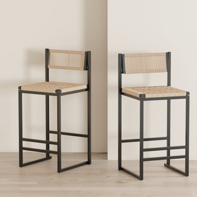 2 chaises de comptoir Cool Kitchen, corde en papier tissé, 2 tabourets de salon, vis tissée, structure en métal