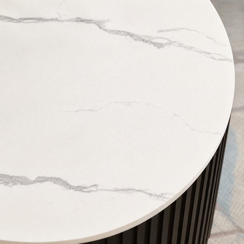 31" Round Coffee Table with Storage, Faux Marble Top Drum Coffee Table