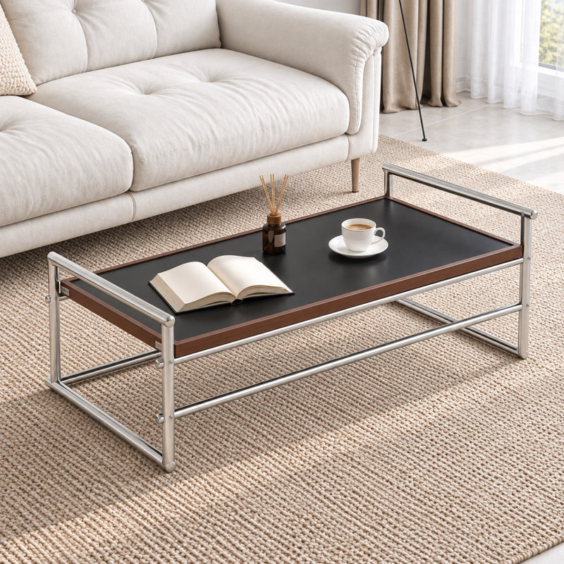 Modern Convertible Writing Desk, 2-in-1 Black Tabletop with Walnut Effect Edge and Stainless Steel Frame, Two-Height Multifunctional Table, 123 x 64 cm for Home Office, Study Area, Living Room and Apartment