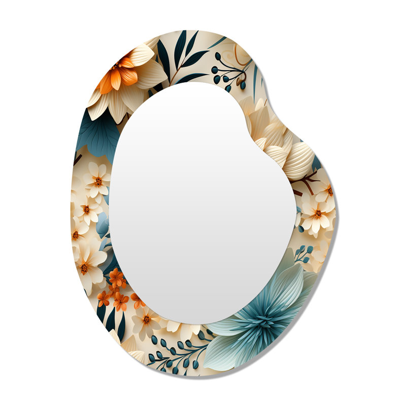 Warm Terracotta & Blue Floral Botanical Pattern - Floral Unique Shape Large Mirror, Cottage Asymmetrical Unique Wall Mirror Decor, Printed Metal Art