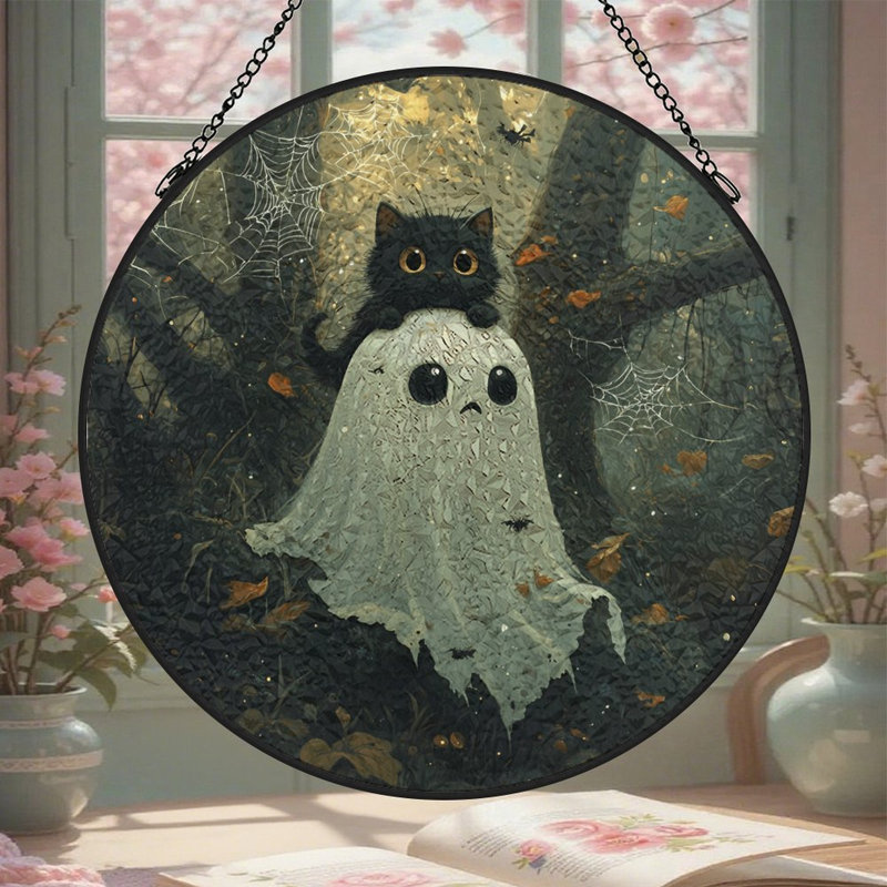 Chat noir fantôme forêt vitrail panneaux Suncatcher pour décoration de fenêtre, 9,8 x 9,8 po (25 x 25 cm)