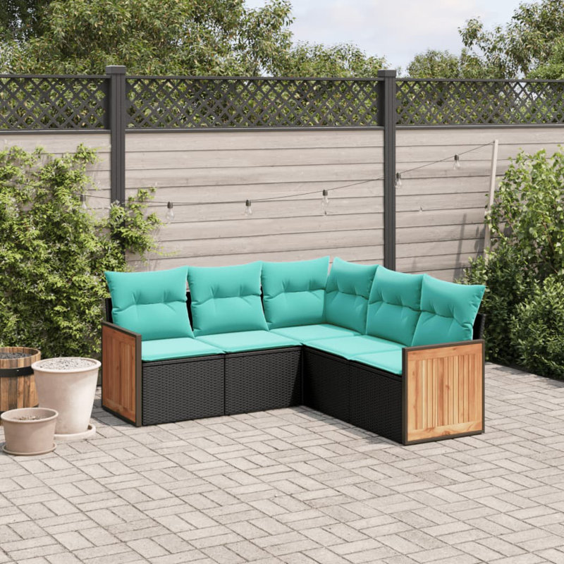  Ensemble de canapé de patio 5 pièces avec coussins en rotin de polyester noir
