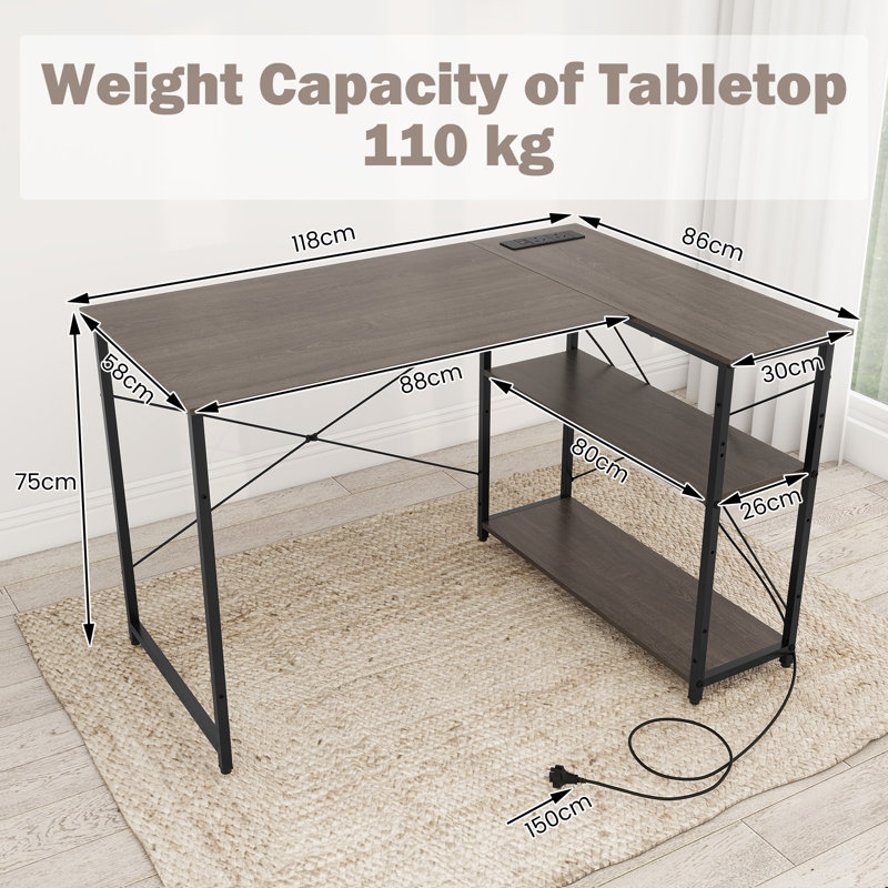 L-Shaped Desk With Power Outlet Home Office Computer Desk With Reversible Shelves, Grey