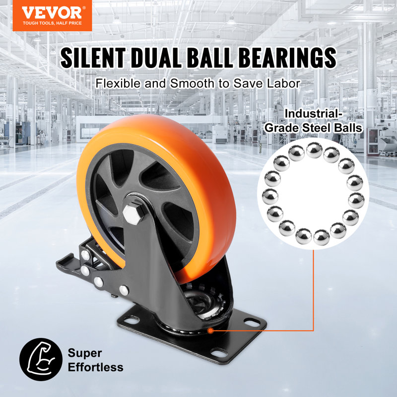 Heavy Duty 5-Inch Orange and Black PVC Swivel Plate Casters Set of 4