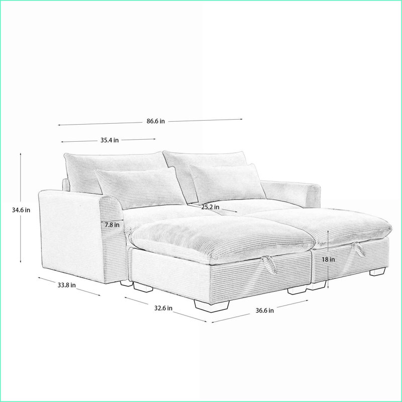 Canapé modulaire 2 places avec repose-pieds de rangement, pour le salon | Velours côtelé | Noyer brun, Velours côtelé brun