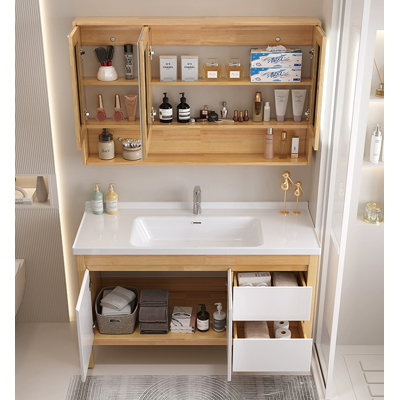 Meuble-lavabo en bois d'hévéa de style nordique avec lavabo en céramique intégré pour la salle de bain