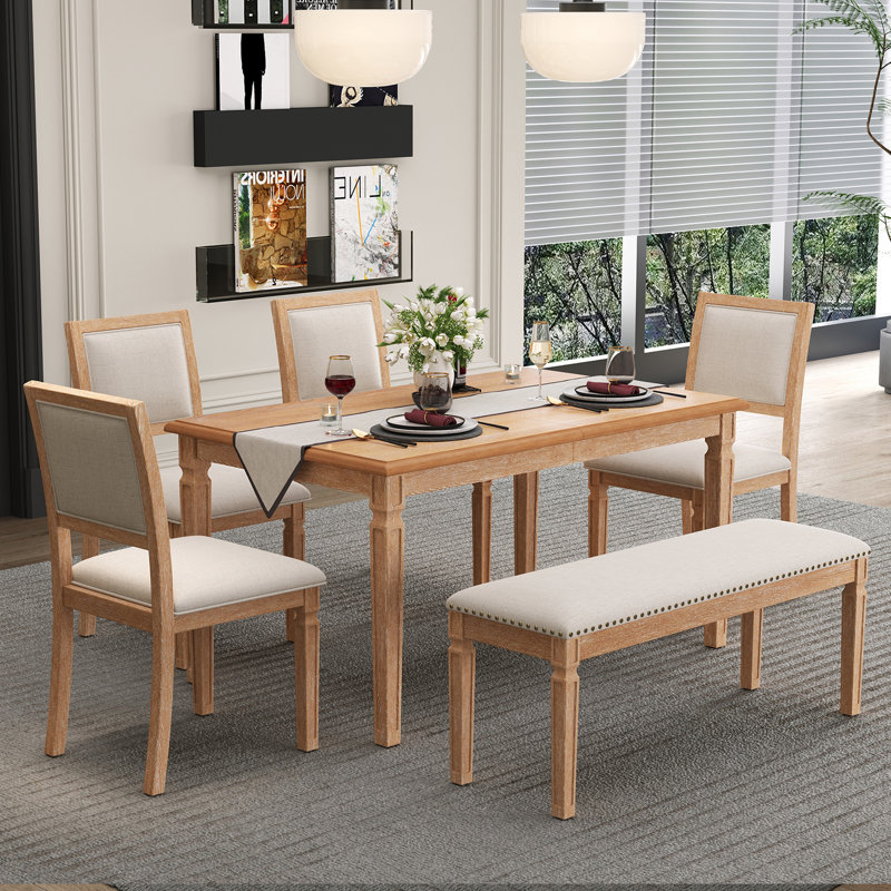6-Piece Extendable Dining Table Set With 4 Upholstered Chairs And Bench For Kitchen & Dining Room, Natural Wood Wash
