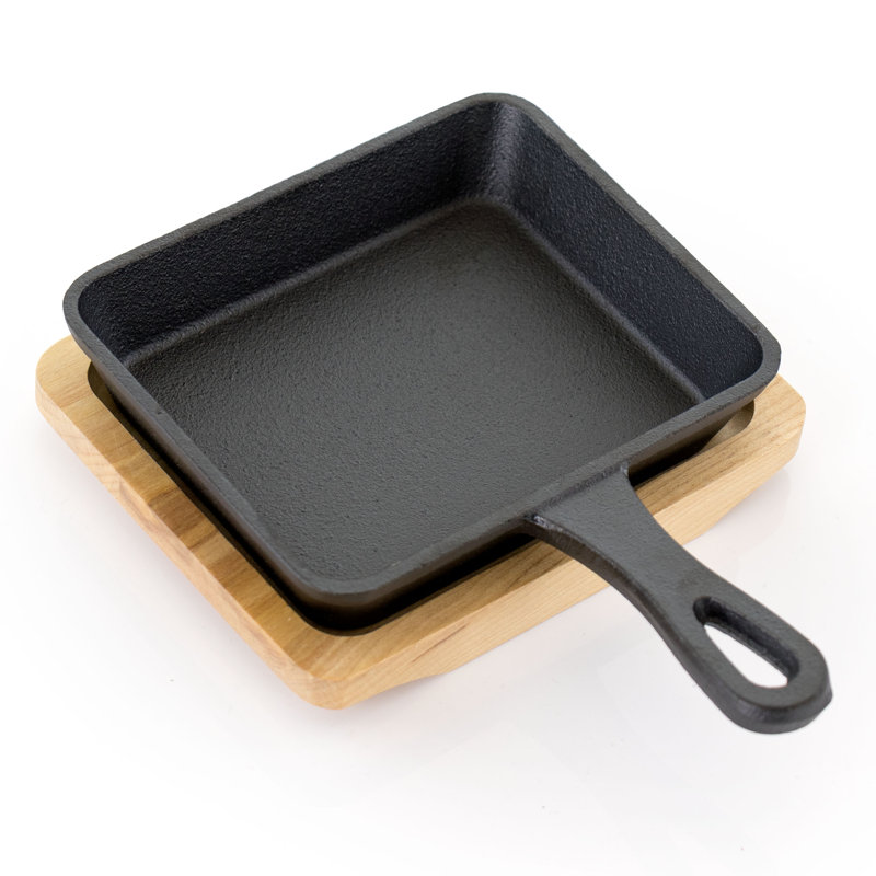 Gibson Home Campton 6 Inch Mini Square Cast Iron Frying Pan With Wooden Base