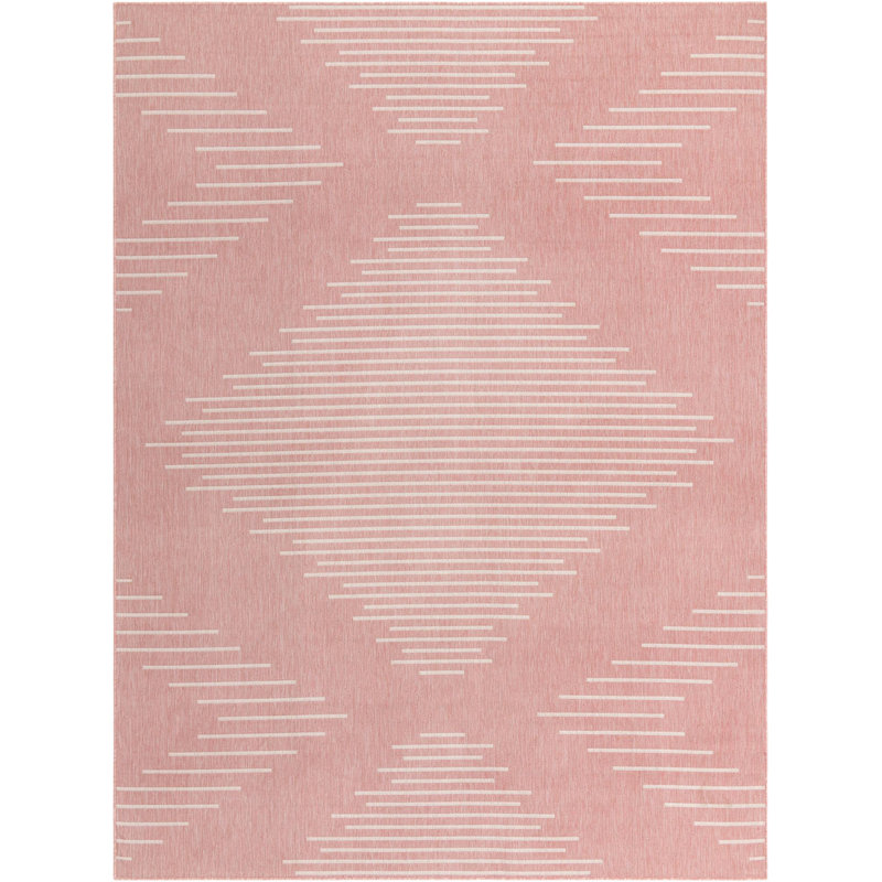 Tapis rayé en polypropylène tissé à la machine en rose / ivoire Wallington, Rectangle 9 pi x 12 pi