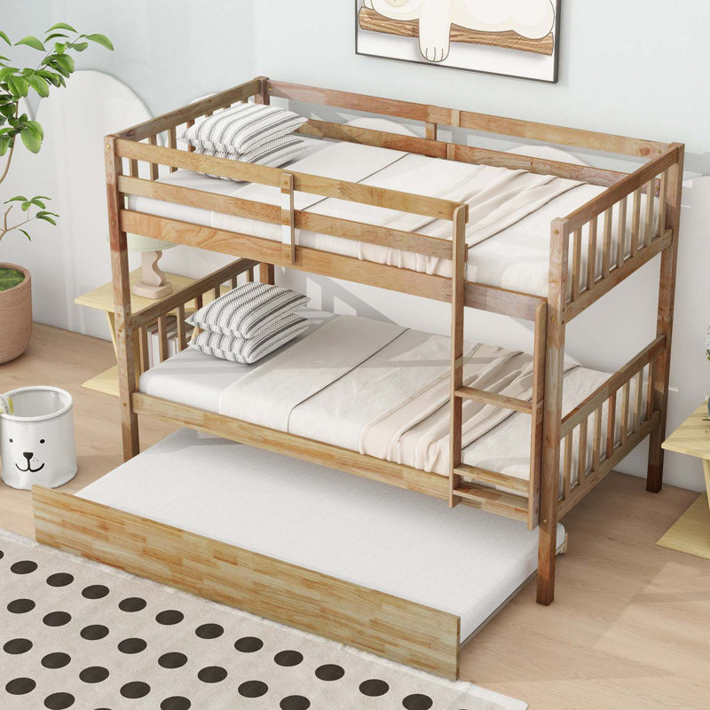Twin Over Twin Bunk Bed With Trundle, Convertible Into Twin Size Beds, Naturel